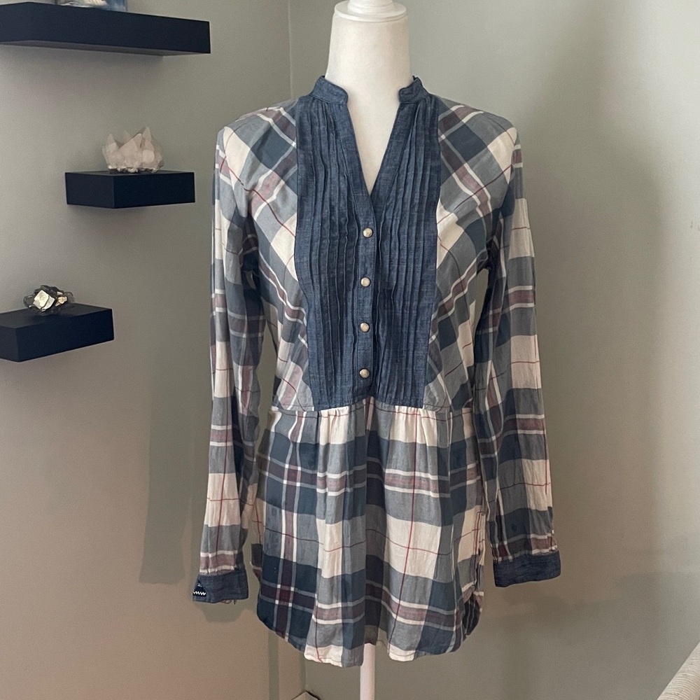 Tasha Polizzi plaid Patterned , blouse 27” length front/34” back, side slits, M